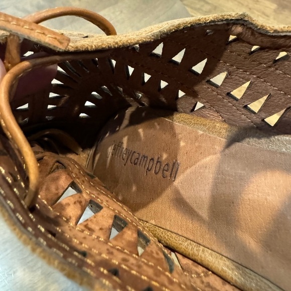 JEFFREY CAMPBELL Tan Suede Rodillo HiWedge Peep Toe Laser Cut Laced Sandals - Picture 8 of 9